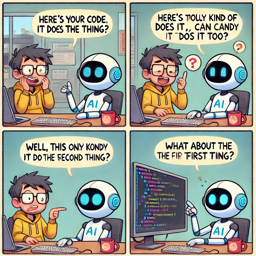 Four-panel comic strip about AI and coding